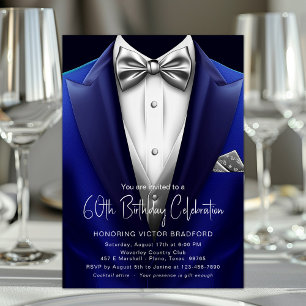 Royal Blue Silver Tuxedo Mens Any Number Birthday Invitation