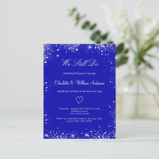 Royal blue silver vow renewal wedding invitation postcard | Zazzle