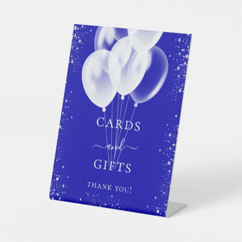 Royal blue silver white balloons cards gifts pedestal sign