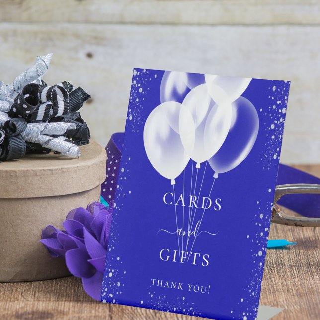 Royal blue silver white balloons cards gifts pedestal sign (Creator Uploaded)