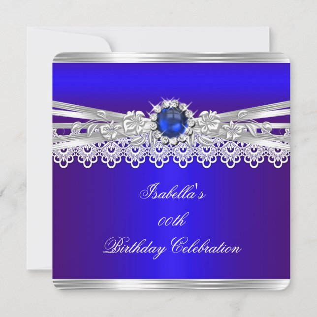 Royal Blue Silver White Pearl Lace Floral Birthday Invitation (Front)