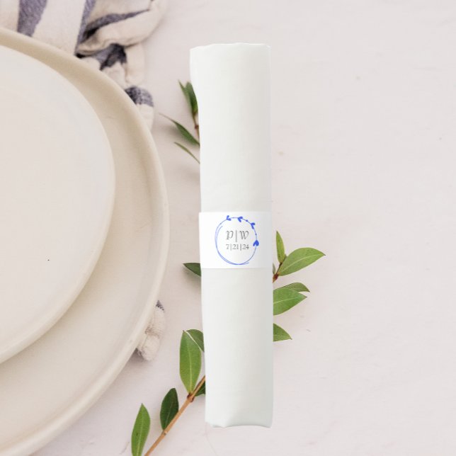 Royal Blue Simple Heart Wreath Monogram Wedding Napkin Bands (In Situ Table Setting)