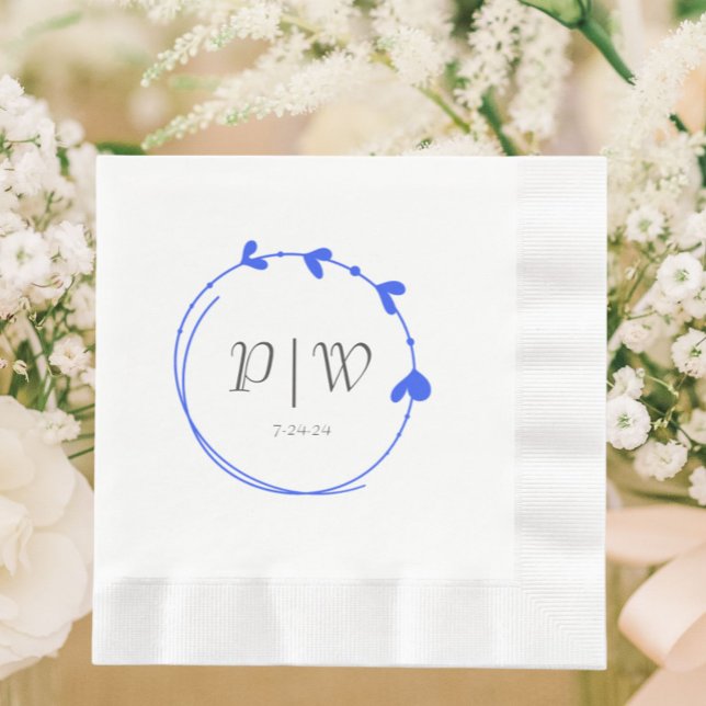 Royal Blue Simple Heart Wreath Monogram Wedding Napkins (In Situ Wedding)