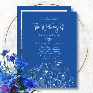 Royal Blue Simple White Wildflower Floral Wedding  Invitation
