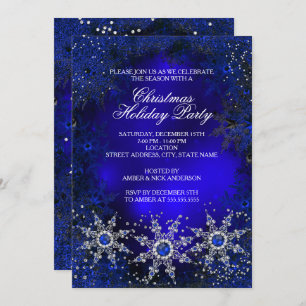 Royal Blue Snowflakes Christmas Holiday Party Invitation