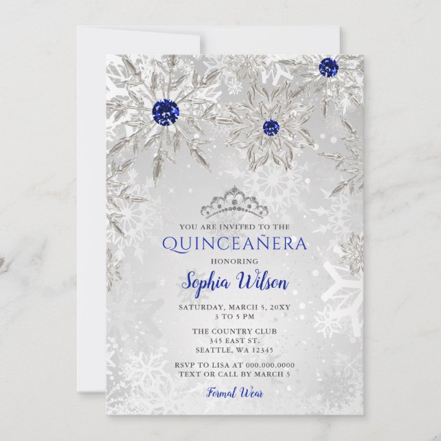 Royal Blue Snowflakes Tiara Quinceañera Invitation (Front)