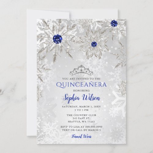 Royal Blue Snowflakes Tiara Quinceaera Invitation