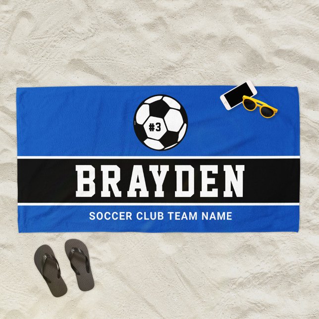 Royal Blue Soccer Player Custom Name Beach Towel (Creator Uploaded)