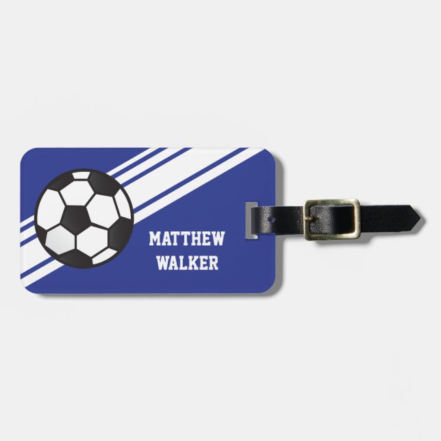 Royal Blue Soccer Stripes Personalized Luggage Tag (Front Horizontal)