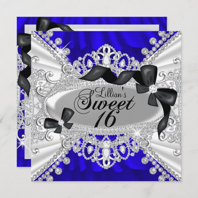 Royal Blue Sparkle Diamond & Bow Sweet 16 Invite (Front/Back)