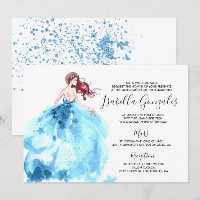Royal Blue Sparkle Dress Quinceañera Invitation (Front/Back)