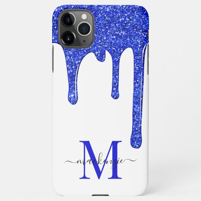 Royal Blue Sparkle Glam Glitter Drips Monogram iPhone Case (Back)