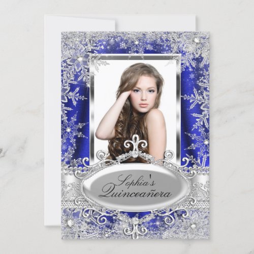 Royal Blue Sparkle Jewel Snowflake Quinceanera Invitation