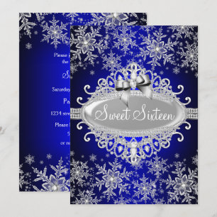 Royal Blue Sparkle Snowflake Sweet 16 Invite