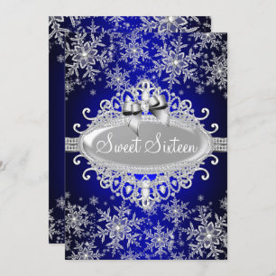 Royal Blue Sparkle Snowflake Sweet 16 Invite