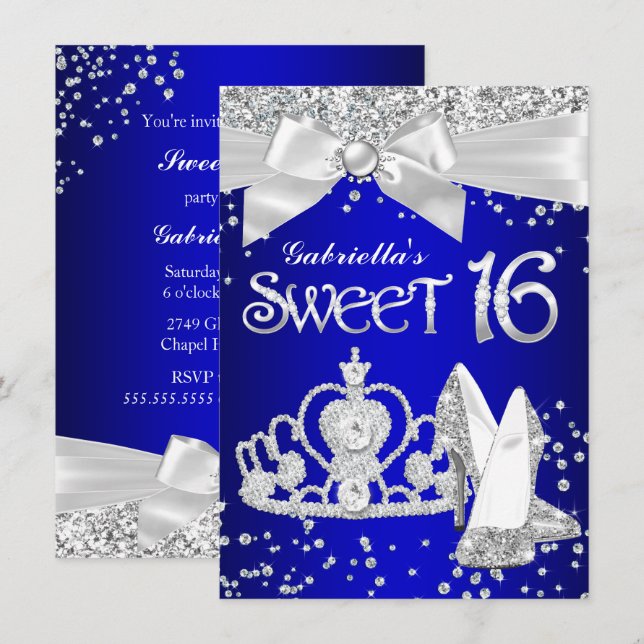 Royal Blue Sparkle Tiara Heels Sweet 16 Party Invitation (Front/Back)