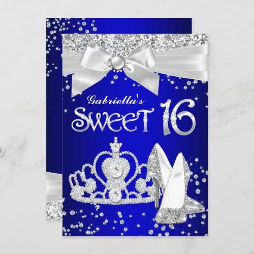 Royal Blue Sparkle Tiara Heels Sweet 16 Party Invitation