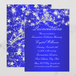Royal Blue Sparkle Tiara Stars Quinceanera Invitation