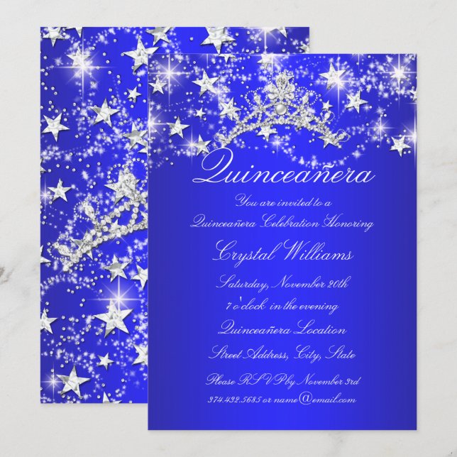 Royal Blue Sparkle Tiara Stars Quinceanera Invitation (Front/Back)