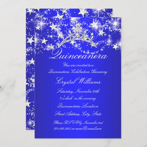 Royal Blue Sparkle Tiara Stars Quinceanera Invitation