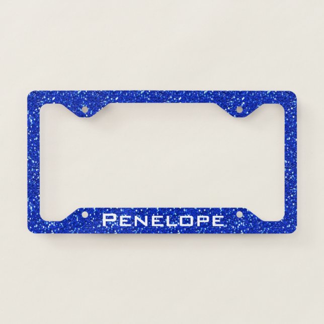 Royal Blue Sparkly FAUX GLITTER LOOK Add Your Name License Plate Frame (Front)