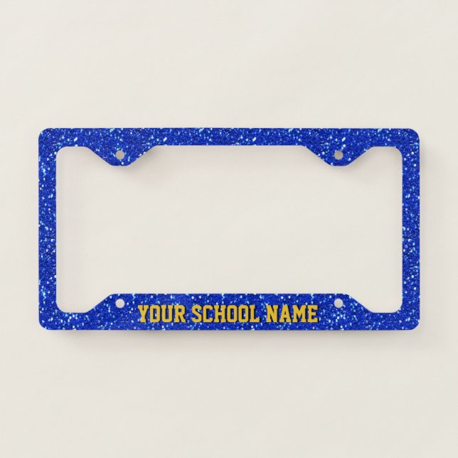 Royal Blue Sparkly FAUX GLITTER LOOK Gold Text Lic License Plate Frame (Front)