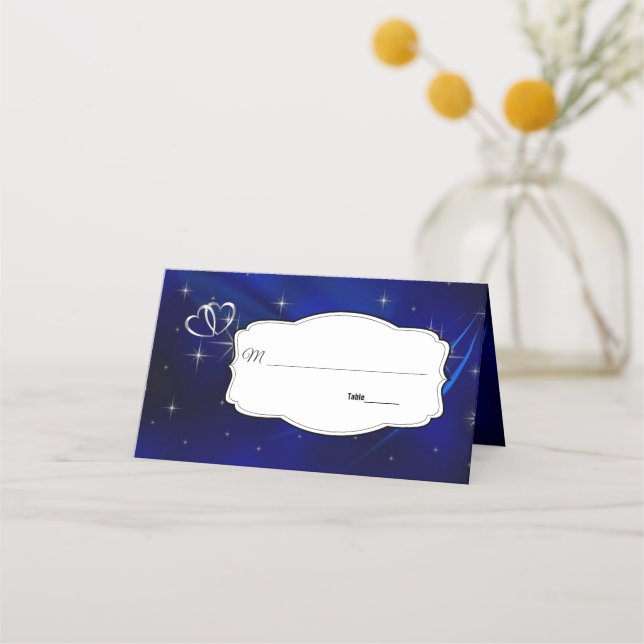 Royal Blue Stars & Silver Hearts Wedding Place Card (Front)