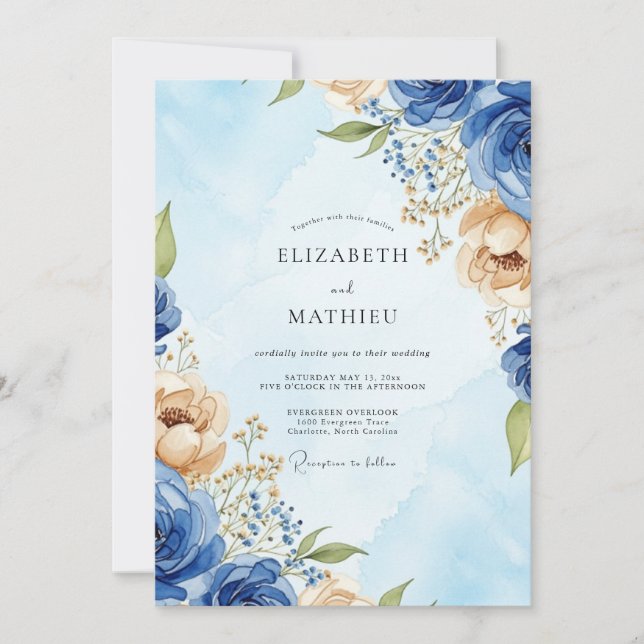 Royal Blue Stately Watercolor Wedding Invitation (Front)