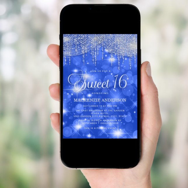 Royal Blue String Lights Sparkle Sweet 16 Invitation (Front Digital)