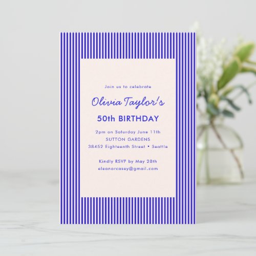 Royal Blue Stripe Milestone 50th Birthday Party Invitation