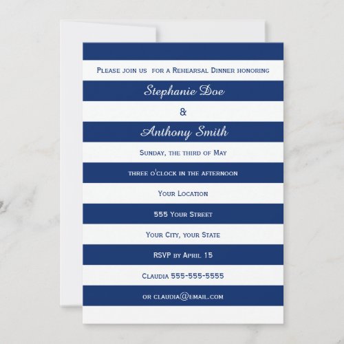 Royal Blue Striped Rehearsal Dinner Custom Invitations
