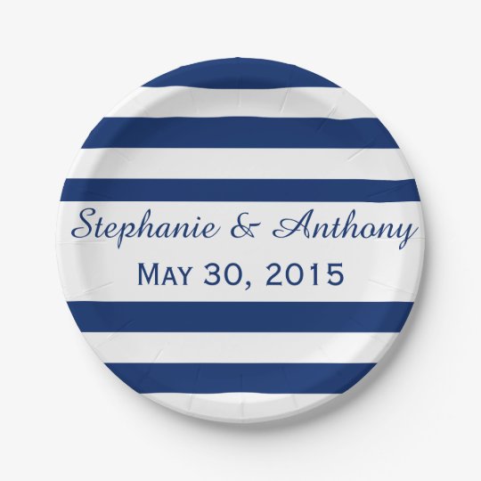 Royal Blue Striped Rehearsal Dinner Paper Plate