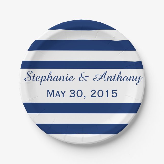 Royal Blue Striped Rehearsal Dinner Paper Plates (Front)
