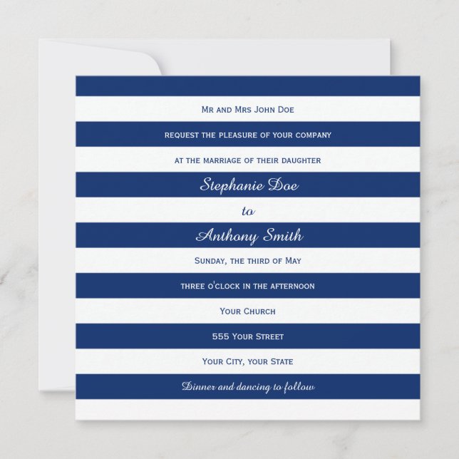 Royal Blue Striped Wedding Invitation (Front)