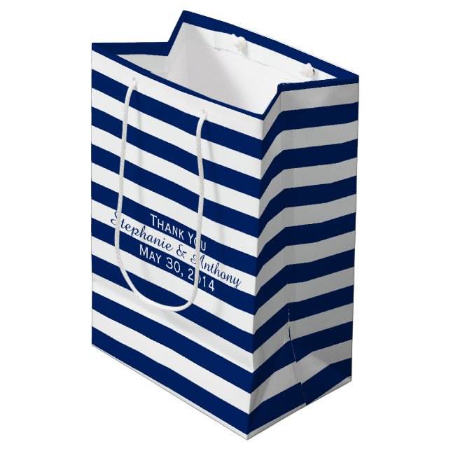 Royal Blue Striped Wedding Thank You Medium Gift Bag (Front Angled)