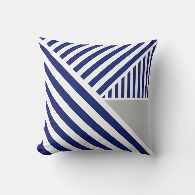 Royal Blue Stripes and Gray Throw Pillow (Front)