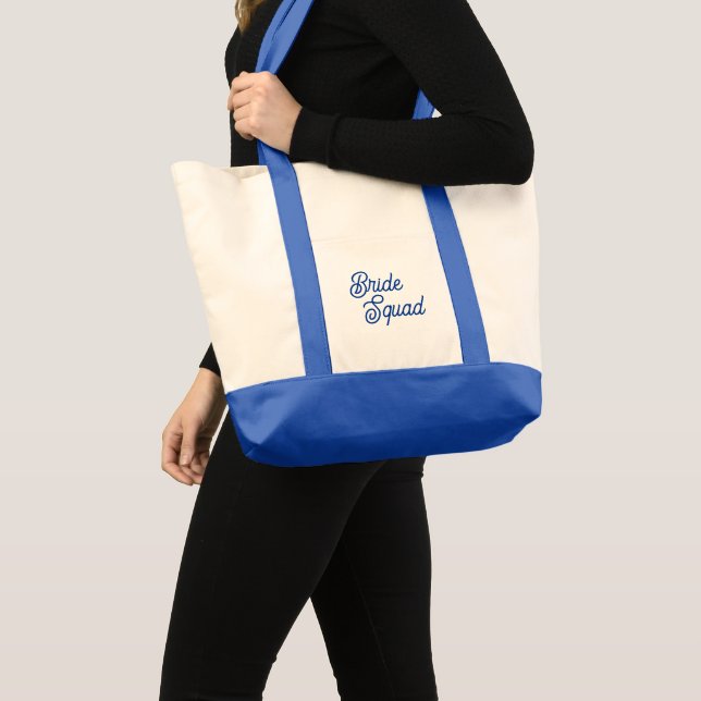 Royal Blue Stylized Script Bride Squad Tote Bag (Front (Product))