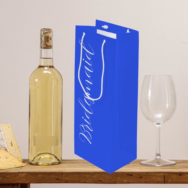 Royal Blue Stylized Script Wedding Bridesmaid Wine Gift Bag (In Situ)