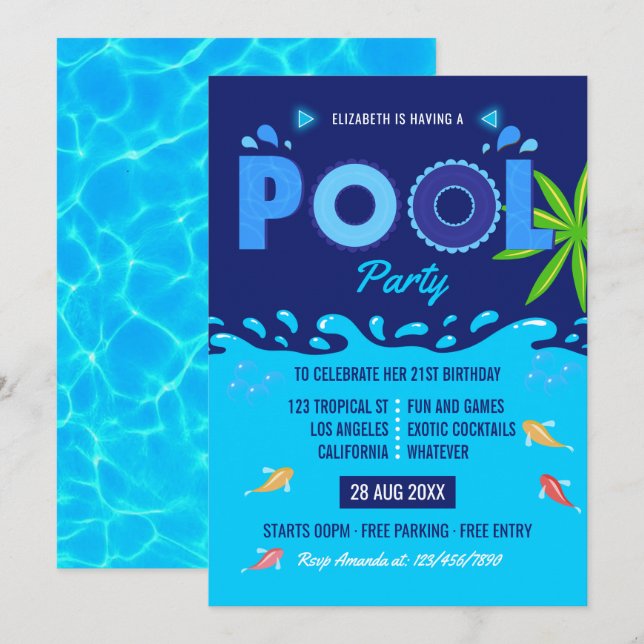 Royal Blue Summer Pool Birthday Party Invitation (Front/Back)
