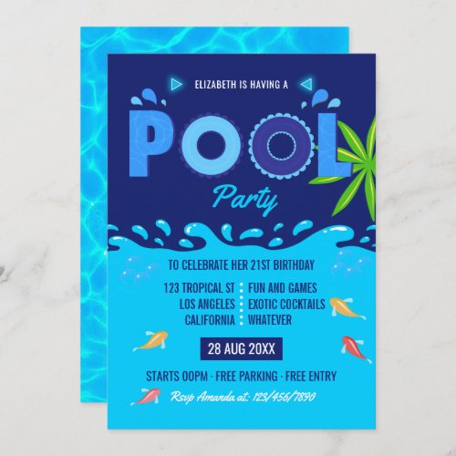 Royal Blue Summer Pool Birthday Party Invitation