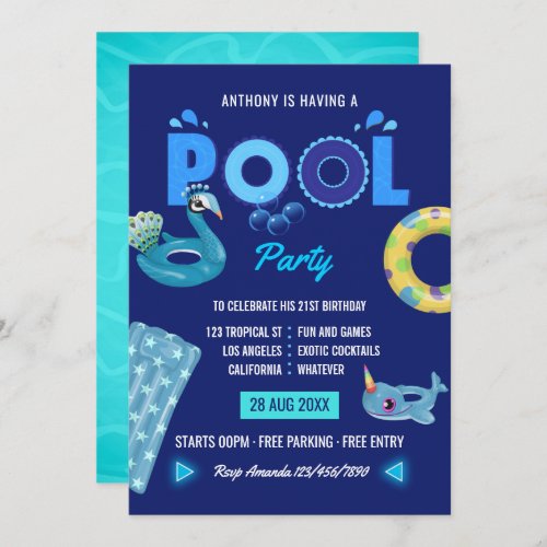 Royal Blue Summer Pool Birthday Party Invitation