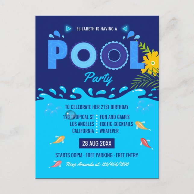 Royal Blue Summer Pool Birthday Party Postcard (Front)