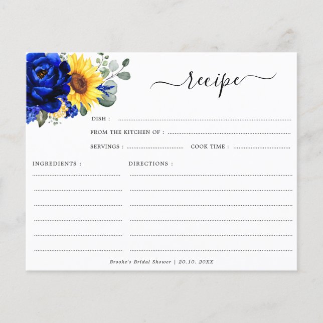 Royal Blue Sunflower Bridal Shower Recipe (Front)