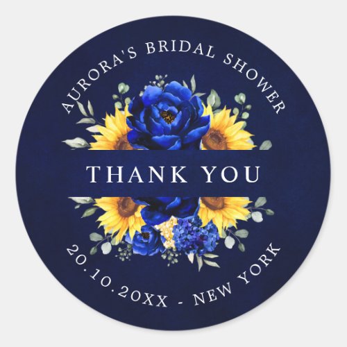Royal Blue Sunflower Bridal shower thank you Class Classic Round Sticker