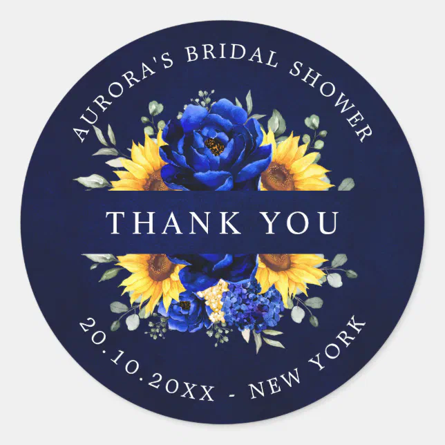 Royal Blue Sunflower Bridal shower thank you Class Classic Round