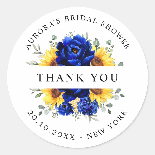 Royal Blue Sunflower Bridal shower thank you Classic Round Sticker (Front)