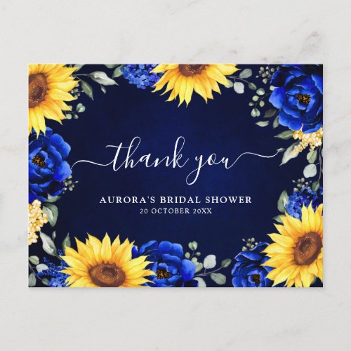Royal Blue Sunflower Bridal Shower Thank you Postc Postcard