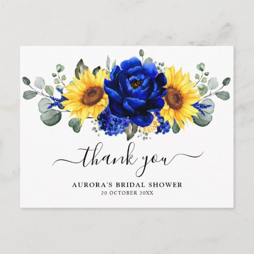 Royal Blue Sunflower Bridal Shower Thank you Postcard