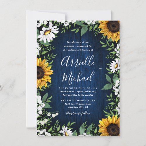 Royal Blue Sunflower Country Wedding Invitations