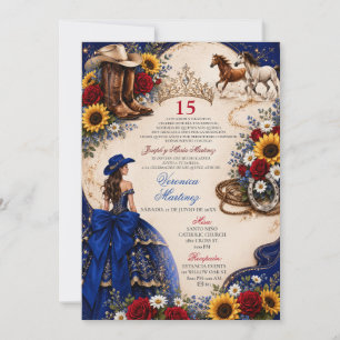 Royal Blue Sunflower Cowgirl Quinceañera Invitation